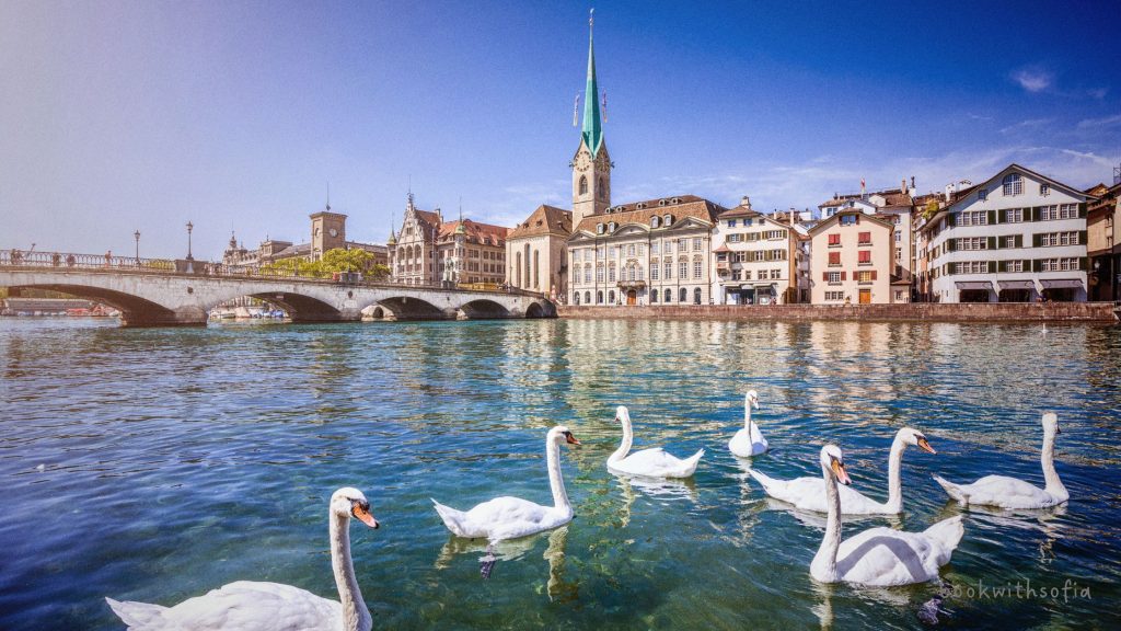 Zurich historic city center with Fraumunster Church